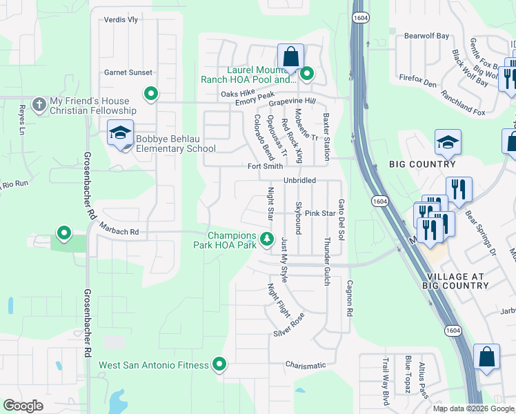 map of restaurants, bars, coffee shops, grocery stores, and more near 11335 Fine Design in San Antonio