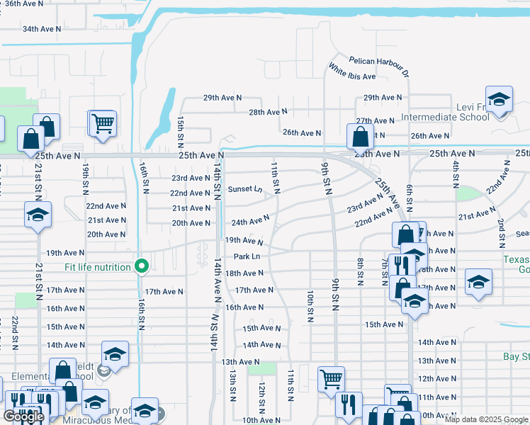 map of restaurants, bars, coffee shops, grocery stores, and more near 1917 11th Street North in Texas City