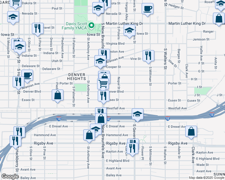 map of restaurants, bars, coffee shops, grocery stores, and more near 930 Denver Boulevard in San Antonio