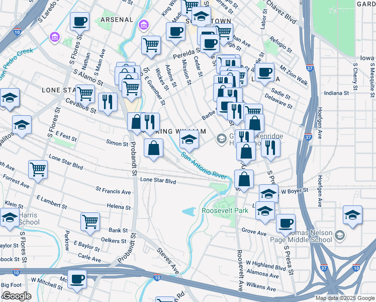 map of restaurants, bars, coffee shops, grocery stores, and more near 400 Eagleland Drive in San Antonio