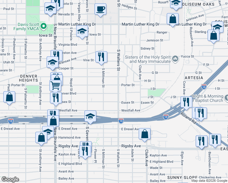 map of restaurants, bars, coffee shops, grocery stores, and more near 1237 Denver Boulevard in San Antonio