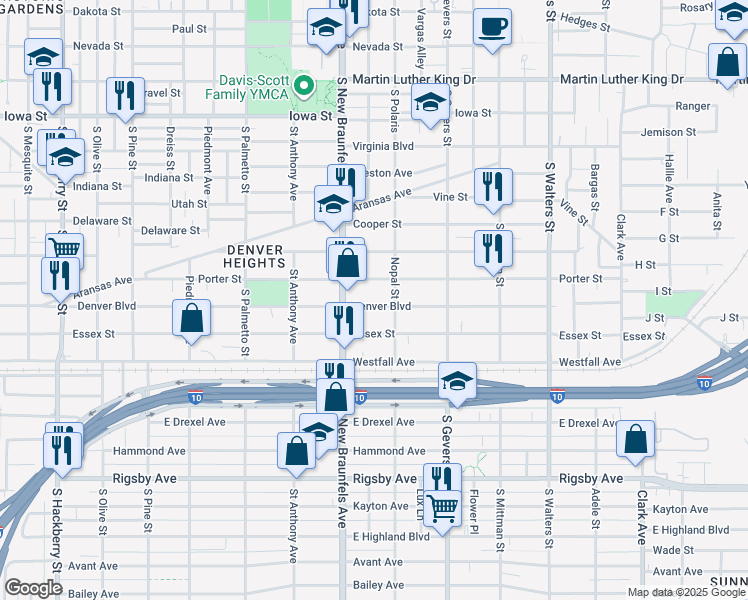 map of restaurants, bars, coffee shops, grocery stores, and more near 930 Denver Boulevard in San Antonio