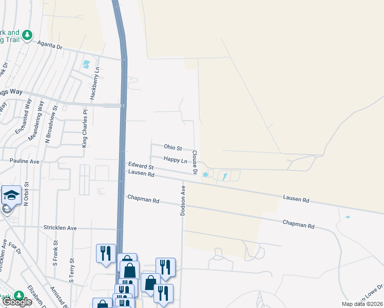 map of restaurants, bars, coffee shops, grocery stores, and more near 225-229 Happy Lane in Del Rio