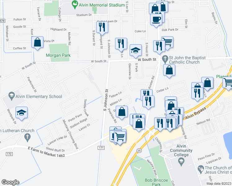 map of restaurants, bars, coffee shops, grocery stores, and more near 704 Fallow Lane in Alvin