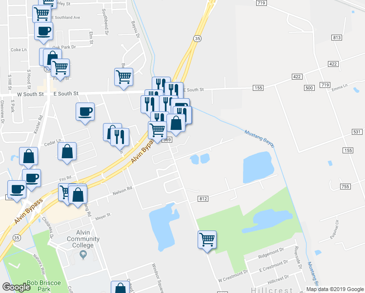 map of restaurants, bars, coffee shops, grocery stores, and more near 2301 Fairway Drive in Alvin