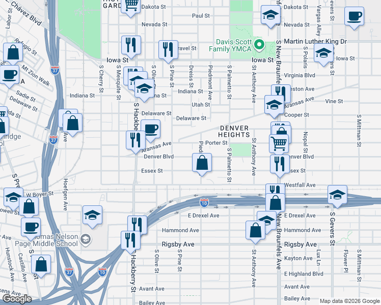 map of restaurants, bars, coffee shops, grocery stores, and more near 528 Denver Boulevard in San Antonio
