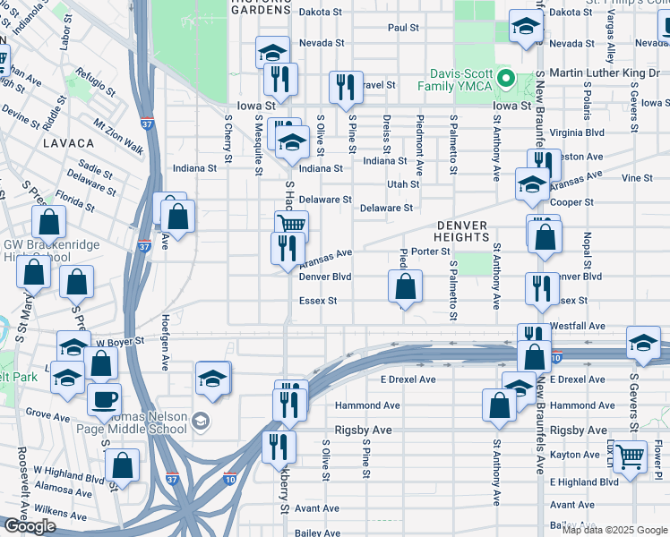 map of restaurants, bars, coffee shops, grocery stores, and more near 1211 South Pine Street in San Antonio