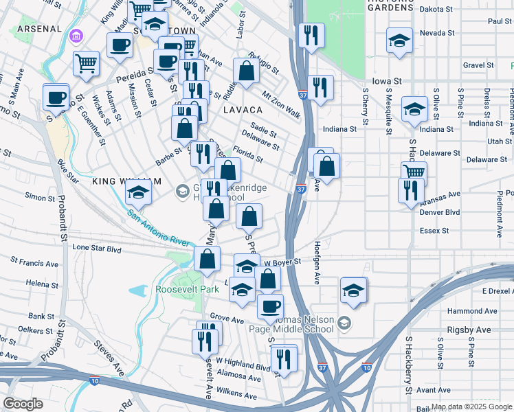 map of restaurants, bars, coffee shops, grocery stores, and more near 135 Leopold Street in San Antonio