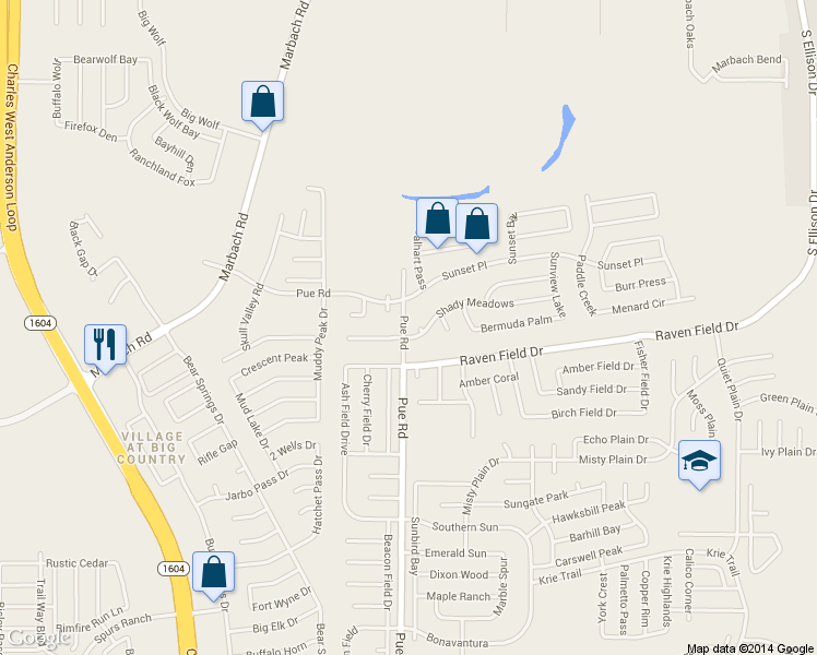 map of restaurants, bars, coffee shops, grocery stores, and more near 10302 Shady Meadows in San Antonio