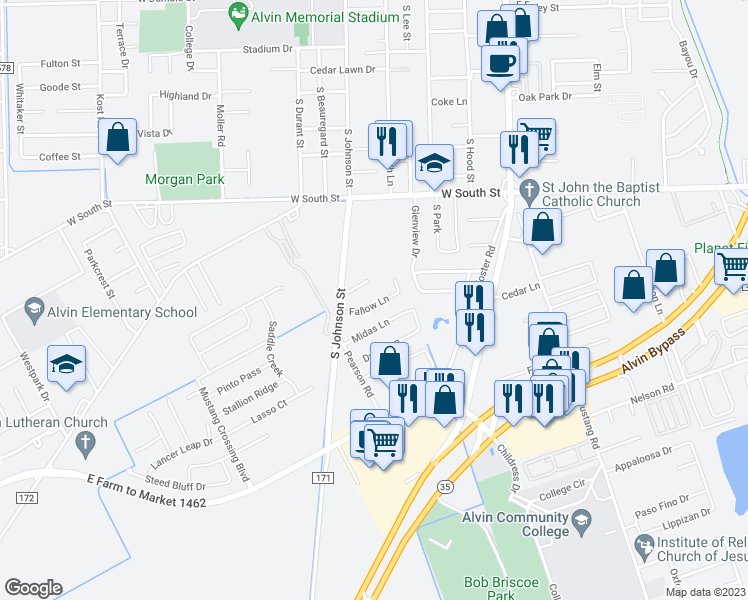 map of restaurants, bars, coffee shops, grocery stores, and more near 702 Fallow Lane in Alvin