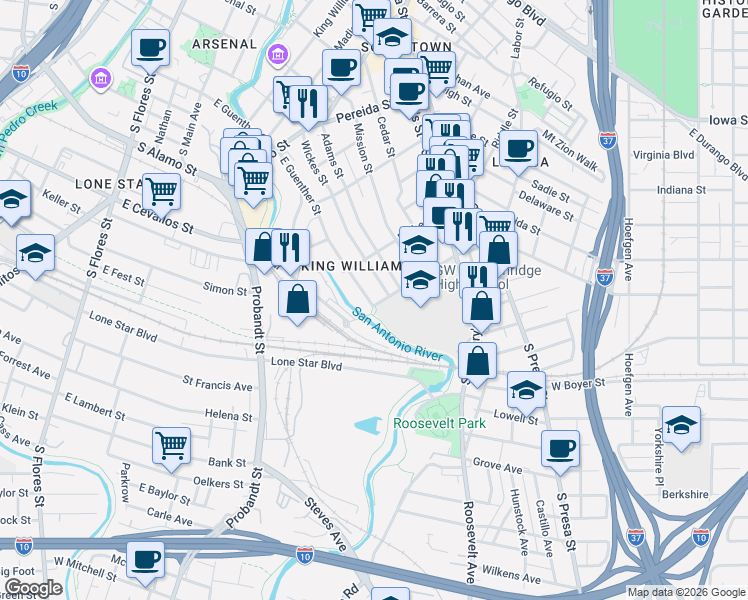 map of restaurants, bars, coffee shops, grocery stores, and more near 519 Wickes Street in San Antonio