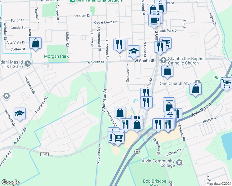map of restaurants, bars, coffee shops, grocery stores, and more near 2017 South Johnson Street in Alvin