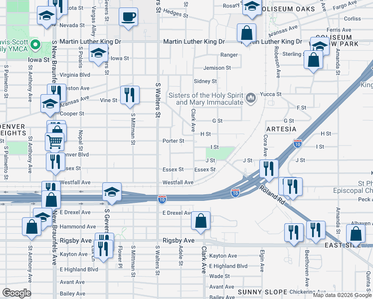 map of restaurants, bars, coffee shops, grocery stores, and more near 811 Clark Avenue in San Antonio
