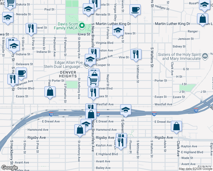map of restaurants, bars, coffee shops, grocery stores, and more near 609 Porter Street in San Antonio