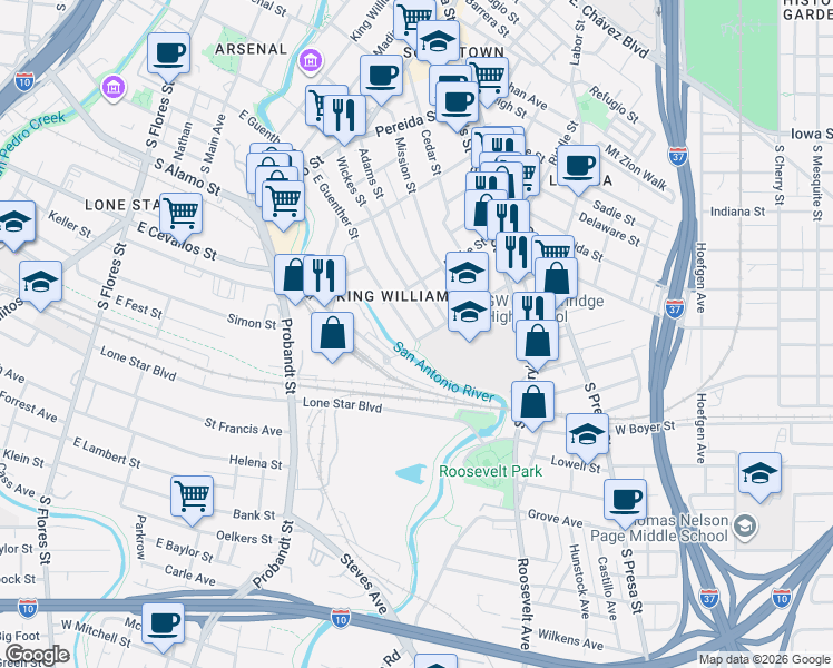map of restaurants, bars, coffee shops, grocery stores, and more near 519 Wickes Street in San Antonio