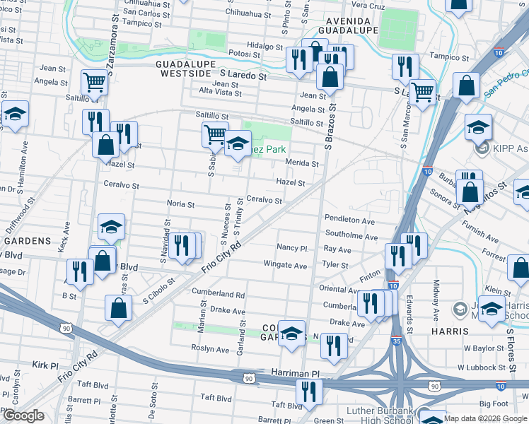 map of restaurants, bars, coffee shops, grocery stores, and more near 102 Ceralvo Street in San Antonio