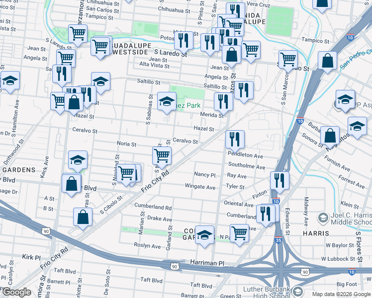 map of restaurants, bars, coffee shops, grocery stores, and more near 102 Ceralvo Street in San Antonio