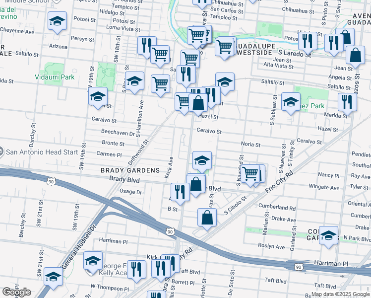 map of restaurants, bars, coffee shops, grocery stores, and more near 2003 South Zarzamora Street in San Antonio