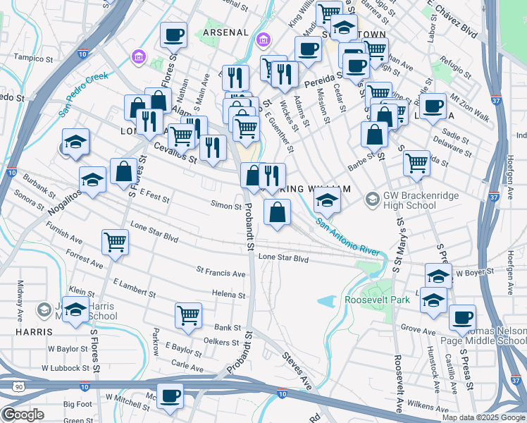 map of restaurants, bars, coffee shops, grocery stores, and more near 210 Probandt Street in San Antonio