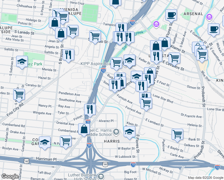 map of restaurants, bars, coffee shops, grocery stores, and more near 130 West Zavalla in San Antonio