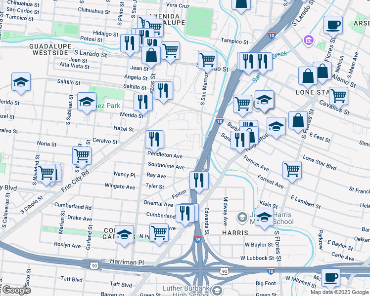 map of restaurants, bars, coffee shops, grocery stores, and more near 1901 South San Marcos in San Antonio