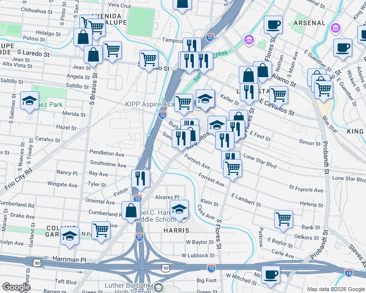 map of restaurants, bars, coffee shops, grocery stores, and more near 130 West Zavalla in San Antonio
