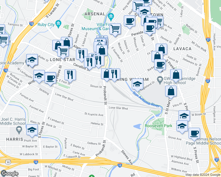 map of restaurants, bars, coffee shops, grocery stores, and more near 210 Probandt Street in San Antonio