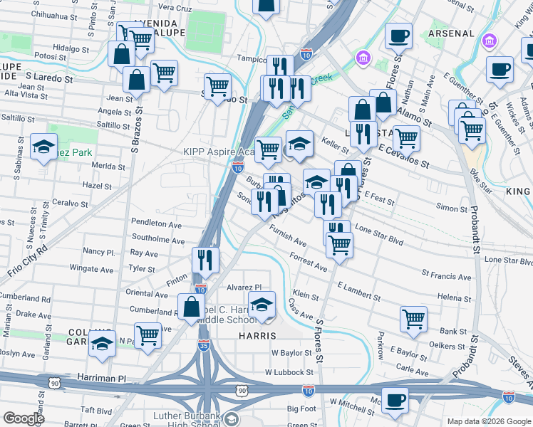 map of restaurants, bars, coffee shops, grocery stores, and more near 130 West Zavalla in San Antonio