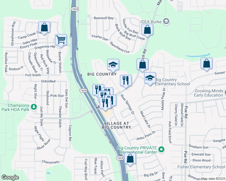 map of restaurants, bars, coffee shops, grocery stores, and more near 2243 Bear Springs Drive in San Antonio