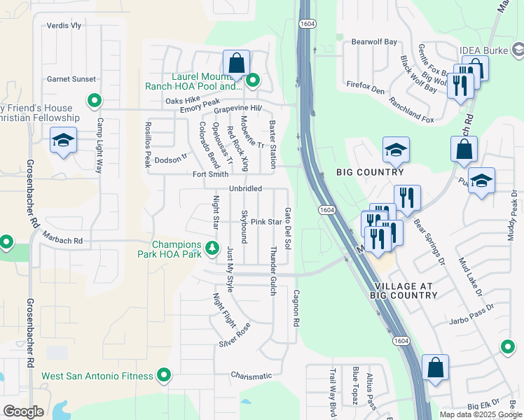 map of restaurants, bars, coffee shops, grocery stores, and more near 2515 Thunder Gulch in San Antonio