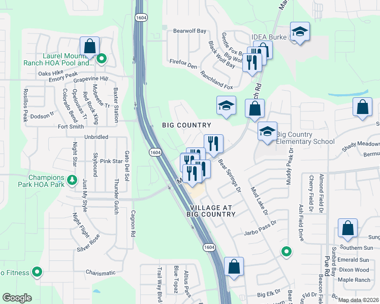 map of restaurants, bars, coffee shops, grocery stores, and more near 11447 Persimmon Gap in San Antonio