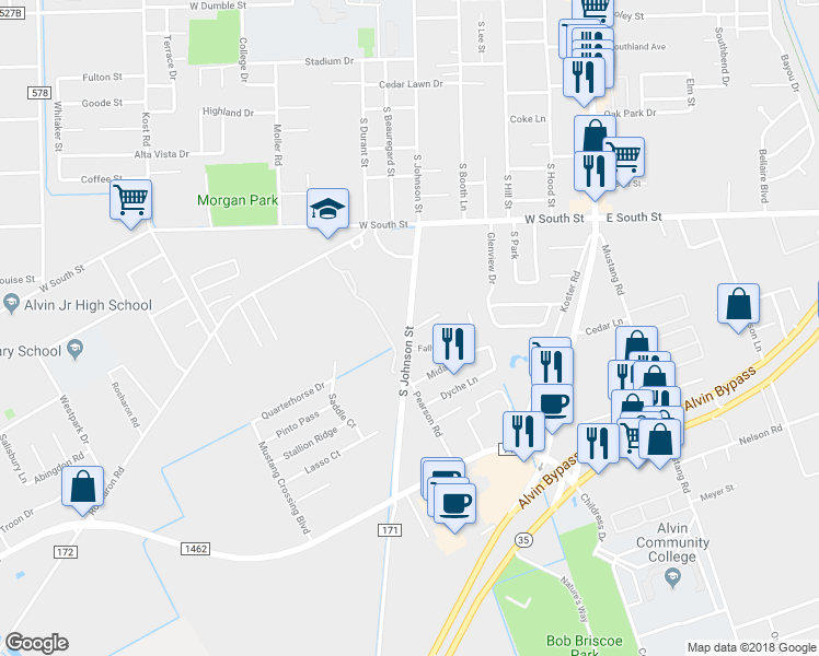 map of restaurants, bars, coffee shops, grocery stores, and more near 1839 South Johnson Street in Alvin