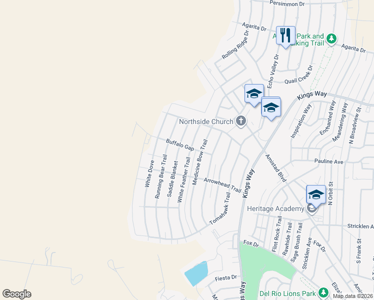 map of restaurants, bars, coffee shops, grocery stores, and more near 108-110 White Feather Trail in Del Rio