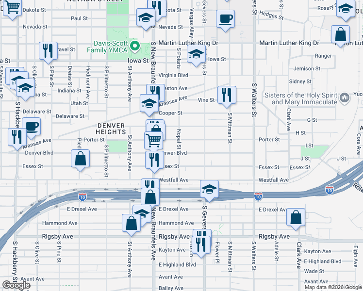 map of restaurants, bars, coffee shops, grocery stores, and more near 609 Porter Street in San Antonio