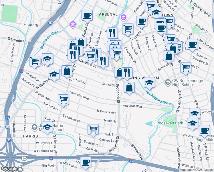 map of restaurants, bars, coffee shops, grocery stores, and more near 430 Clay in San Antonio