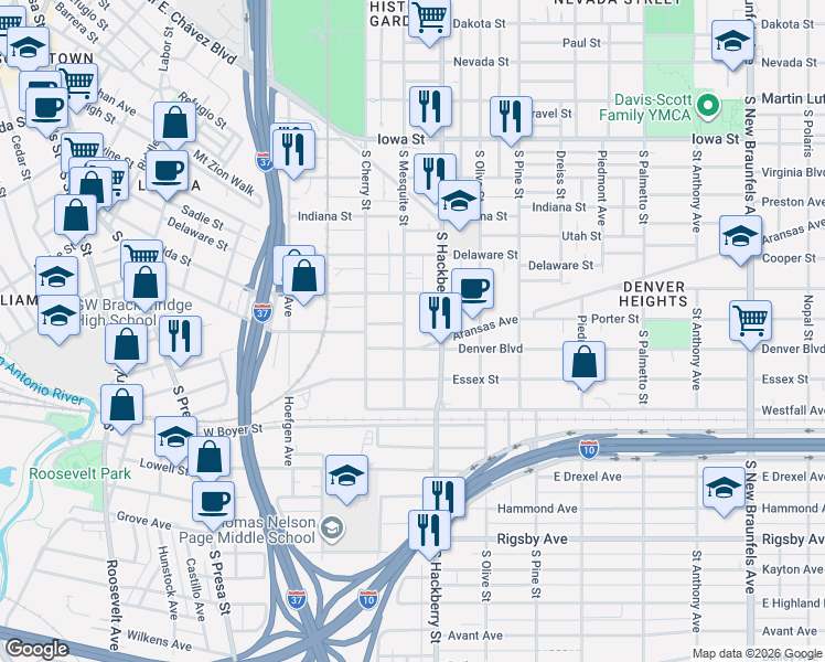 map of restaurants, bars, coffee shops, grocery stores, and more near 1219 South Mesquite in San Antonio