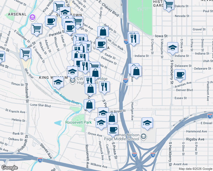 map of restaurants, bars, coffee shops, grocery stores, and more near 249 Lotus Avenue in San Antonio