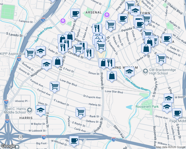 map of restaurants, bars, coffee shops, grocery stores, and more near 430 Clay in San Antonio