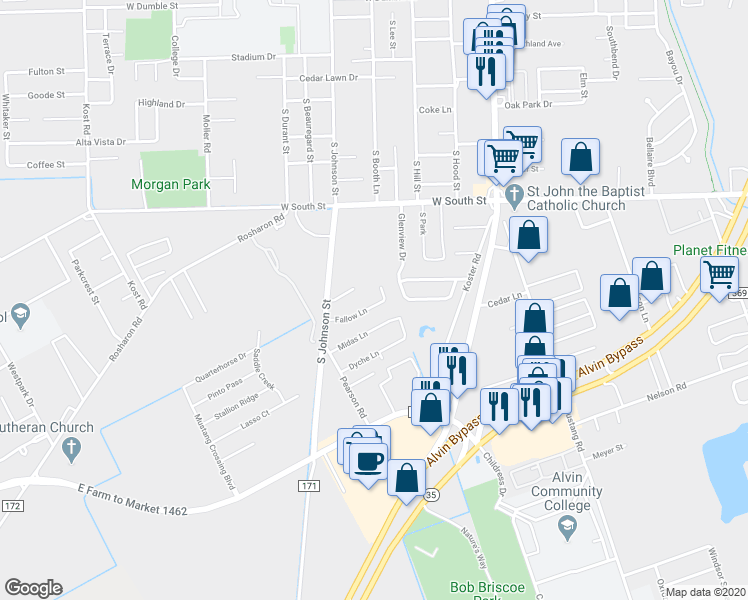 map of restaurants, bars, coffee shops, grocery stores, and more near 692 Fallow Lane in Alvin