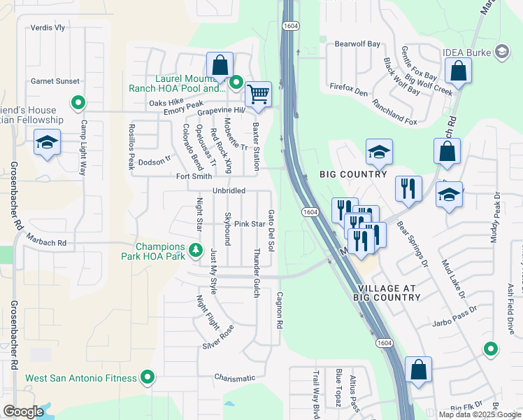 map of restaurants, bars, coffee shops, grocery stores, and more near 2515 Thunder Gulch in San Antonio