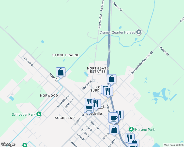 map of restaurants, bars, coffee shops, grocery stores, and more near 8702 Garrett Street in Needville