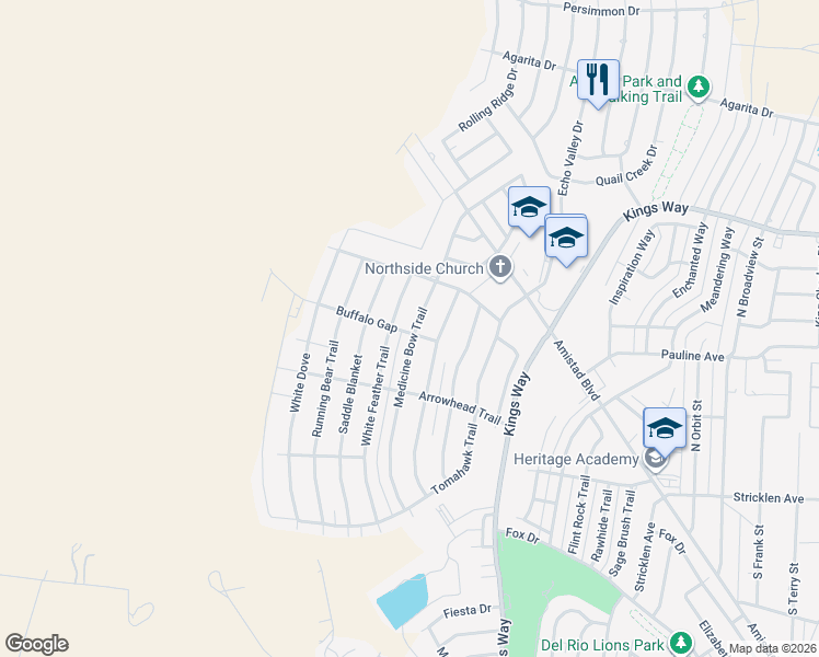 map of restaurants, bars, coffee shops, grocery stores, and more near 113 Buffalo Gap in Del Rio