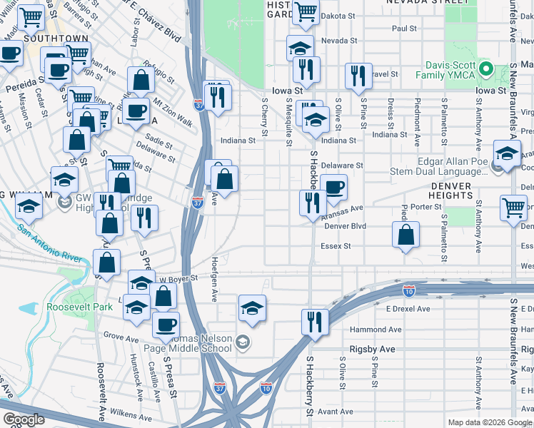 map of restaurants, bars, coffee shops, grocery stores, and more near 118 Mississippi Street in San Antonio
