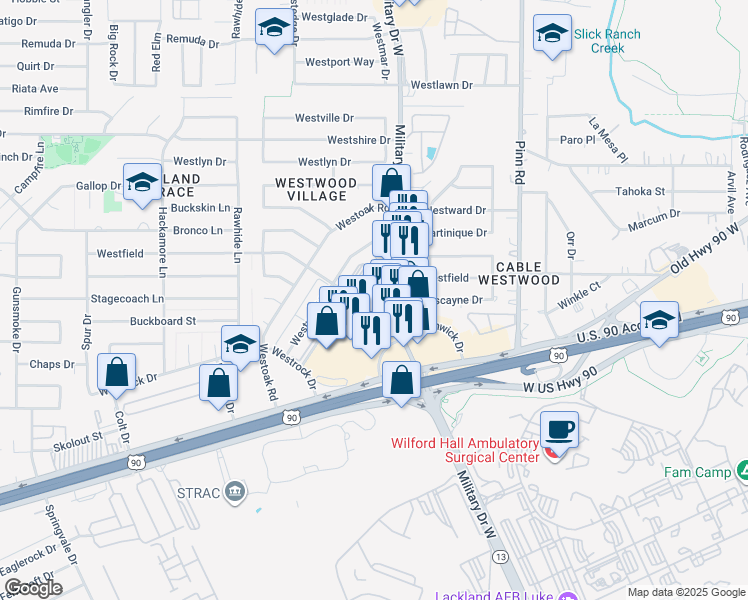 map of restaurants, bars, coffee shops, grocery stores, and more near 7073 Westfield in San Antonio