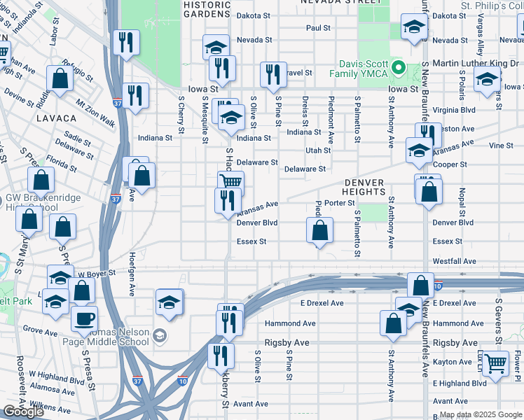 map of restaurants, bars, coffee shops, grocery stores, and more near 1123 South Olive Street in San Antonio