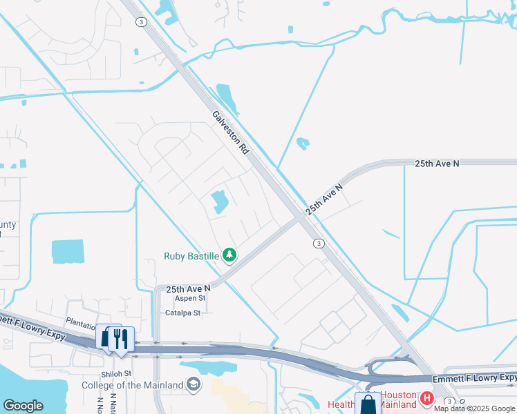 map of restaurants, bars, coffee shops, grocery stores, and more near 2306 Moonstone Court in Texas City