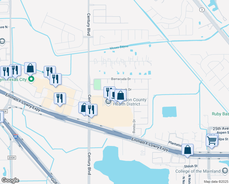map of restaurants, bars, coffee shops, grocery stores, and more near 9422 Amberjack Drive in Texas City