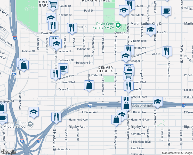 map of restaurants, bars, coffee shops, grocery stores, and more near 249 Porter Street in San Antonio