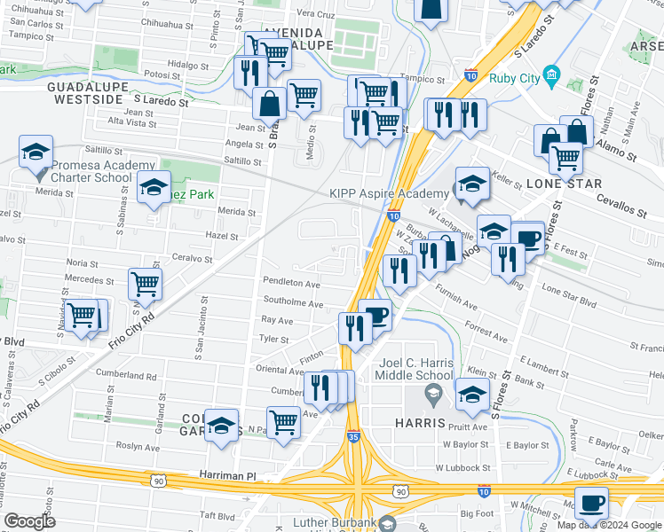 map of restaurants, bars, coffee shops, grocery stores, and more near 1901 South San Marcos in San Antonio