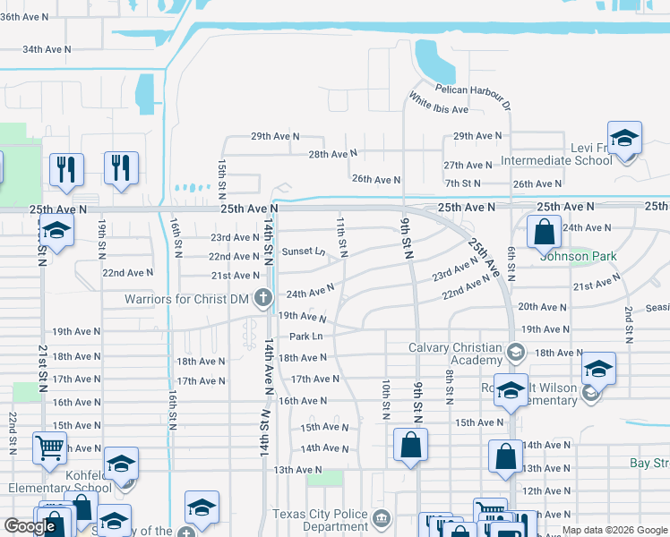 map of restaurants, bars, coffee shops, grocery stores, and more near 1104 Sunset Lane in Texas City